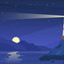 Lighthouse at night. Sea beacon with beam on rocky coast. Cartoon navigation light tower on seashore, starry sky and ocean vector landscape